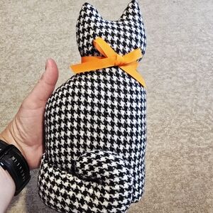 Handmade Vintage Fabric Stuffed Plush Cat Figure With Bow Black White Checkered
